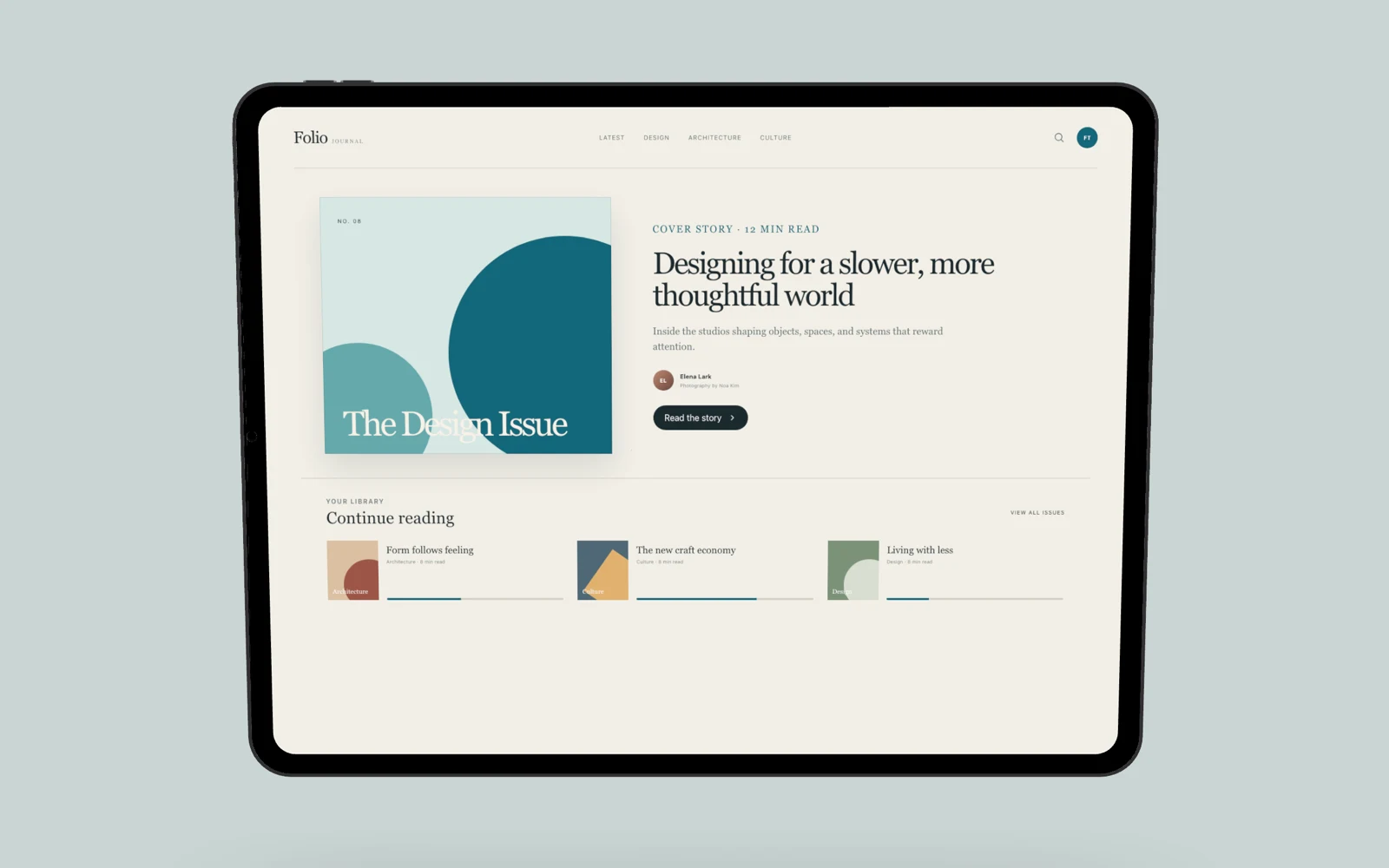 App screenshot framed on a tablet over a mesh background.