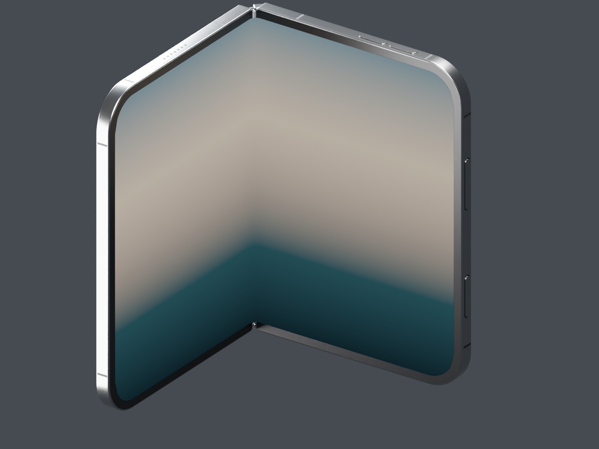 The iPhone Duo 3D model partially folded, with a continuous inner display and articulated hinge